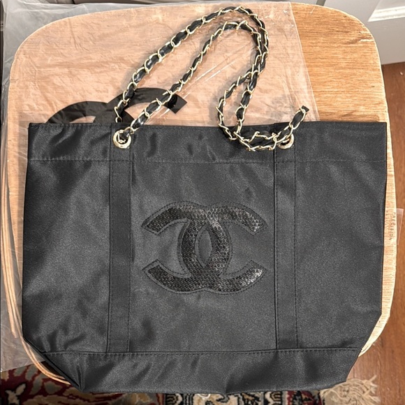 CHANEL Handbags - Authentic Chanel Black Tote, Gold Chain Handles Black on Black Sequin CC Logos